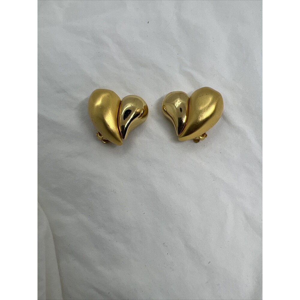 Givenchy Vintage Heart Clip Earrings Gold Chunky Runway Signed Half Brushed
